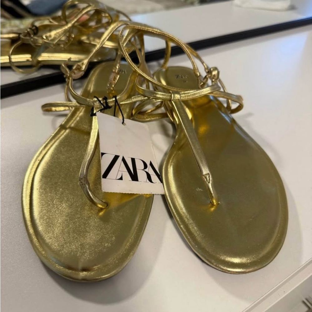 Zara Gold Metallic Sandals with Ankle Straps
